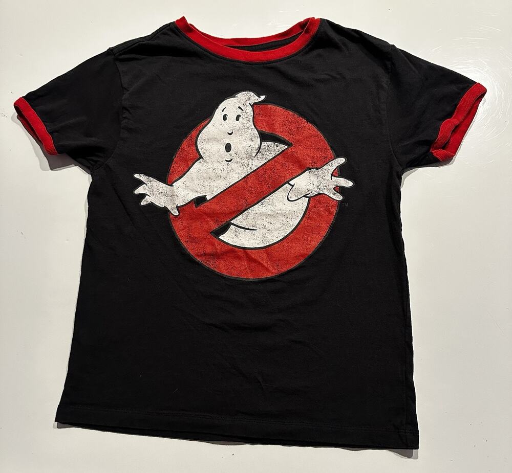 GHOSTBUSTERS Mad Engine Kids T Shirt Black Size Med Distressed Faded Vtg Collect